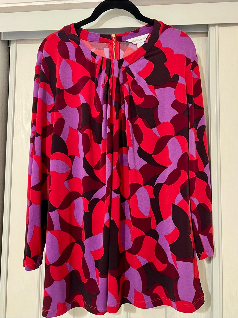 Liz Claiborne Red, Purple & Burgundy Abstract-Print Long-Sleeve Top